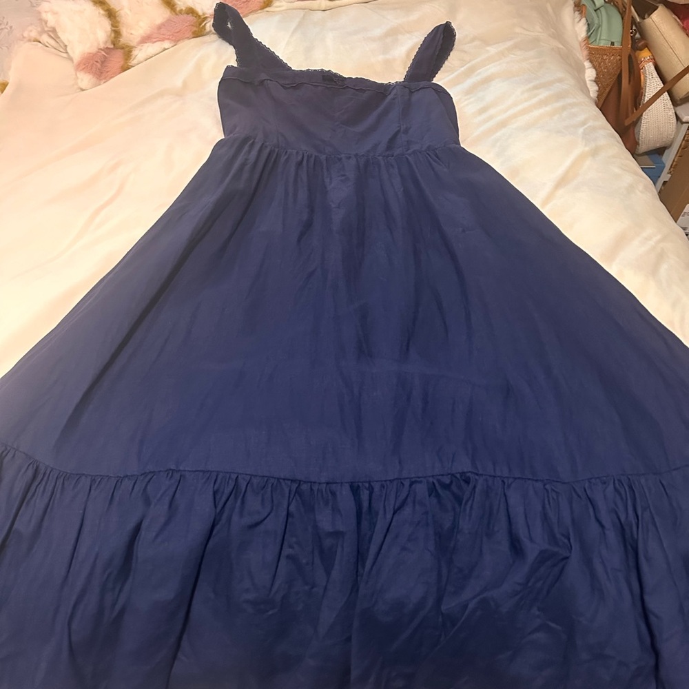 Reformation Rowen Linen Midi Dress in navy 12 - Picture 4 of 7